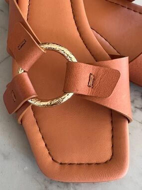 Ulla Johnson Cognac Leather Slide Sandals with Gold Ring